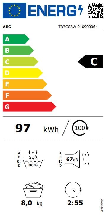 AEG TR7G83W SensiDry suszarka do włosów, seria 7000 7 kg C, 63,8 cm