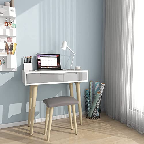 YOURLITE Dressing Table with LED Lights Mirror - White Vanity Makeup Table Set with Adjustable Brightness Mirror, Cushioned Stool and Free Make-up Organizer (White+Grey+Oval Mirror)