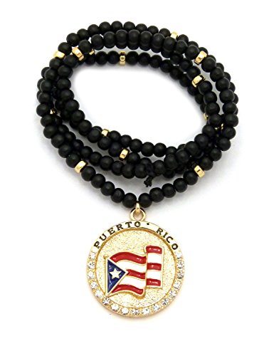Puerto Rico Flag Round Pendant 6mm 30 inches Black Wooden Bead Necklace in Gold Tone (Gold   6mm 30  Wooden Beads)
