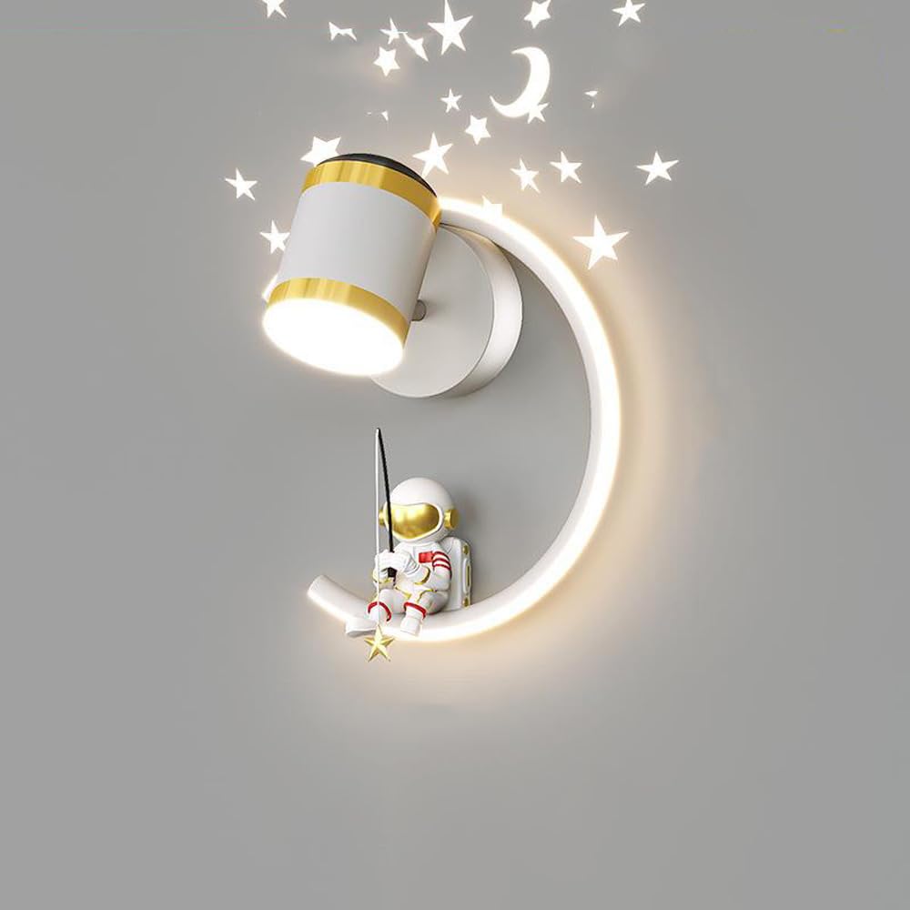 SXSCARKX Modern Light Luxury Astronaut Kids Wall Sconce For Bedroom 12W Dimmable LED Mounted With Projector Stars Starry White Nordic Bedside Lamp Children Room Nursery