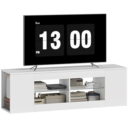 HOMCOM TV Schrank Lowboard 140 cm lang für Fernseher bis zu 65 Zoll, Fernsehtisch mit 6 Fächern, 2 Glasregalen für Wohnzimmer Weiß