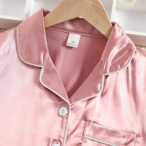 Kids Boys Girls Short Sleeve 𝗦ilk 𝐏a𝐣ama Set Button Down Satin 𝐏ajamas with Shorts Plain Sl𝐞epwear Summer 𝐏𝗝s4