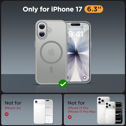 Image of Miracase Magnetic for iPhone 17 Case (Compatible with MagSafe) with Screen Protector Military-Grade Protection, Anti-Fingerprint Translucent Matte Phone Cover for iPhone 17 6.3 inch, Gray
