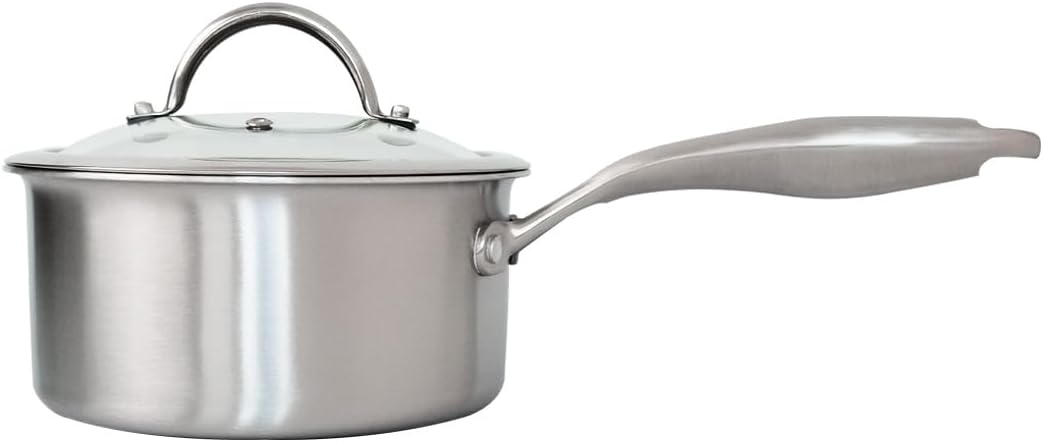 Stainless Steel Small Brushed Saucepan With Lid, Induction Cooking Sauce Pot Pans, 18/10Tri-Ply Heavy Bottom Saucier Cookware, Dishwasher Safe & Oven Safe (2.5QT)
