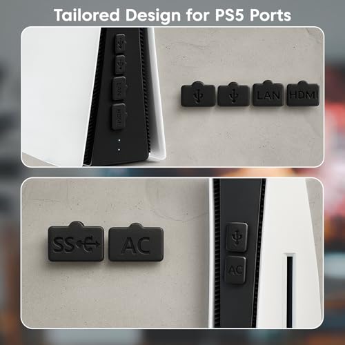 Image of Sounce Dust Plug for PS5, 9 Pcs Dust Plug Kit, Slim Console, PS5 Silicone Plug Protector, Antidust Cover, Dustproof PlayStation 5 Disk /Digital Console Slim Game Accessories (Black)