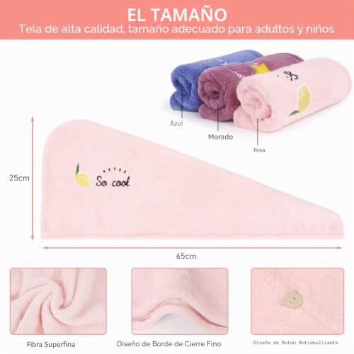 Miniatura 2 de Uraqt Toalla Para El Pelo, 3pcs Toallas De Pelo Turbante, Capucha Para El Cabello Seco, Superabsorbente, Secado Rápido Para El Cabello Mojado, Toallas De Ducha Con Botones B Rosa Azul Morado