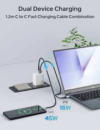 Image of COSTAR 65W GaN Fast Charger Type C with 1.2m 3A Fast Charging Type C Cable, QC /PD Dual Port USB A + Type C, Power Adapter Plug Wall Charger for Laptop, iPhone, Samsung, Realme, Xiaomi and Vivio Oppo
