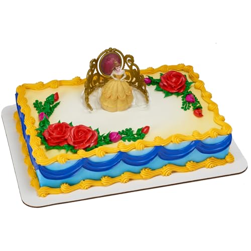 DecoSet Disney Princess Belle Beautiful As A Rose Cake Topper 2-Piece Decorations Set with Belle Figurine and Golden Tiara with Spinning Jewel Beauty and the Beast Cake Decoration