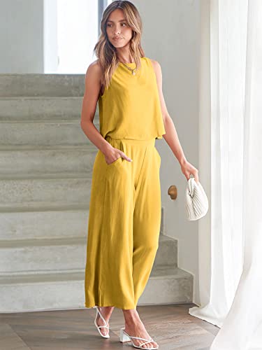Image of ANRABESS Women's Summer 2 Piece Outfits Sleeveless Tank Crop Button Back Top Cropped Wide Leg Pants Set Pockets