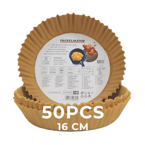 Fackelmann Bandeja de Papel para Freidora de Aire, Papel Air Fryer Redondo, Antiadherente y Resistente hasta 230ºC, Accesorios Freidora de Aire, 16x4,5 cm, 50 uds, Apto para Cosori, Cecotec y más
