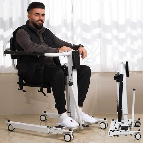 Electric Patient Lift Transfer Chair, Foldable Transfer Lift Chairs for Elderly and Disabled, Lift for Elderly Transfer from Bed to Chair, Height and Width Adjust with Cushion