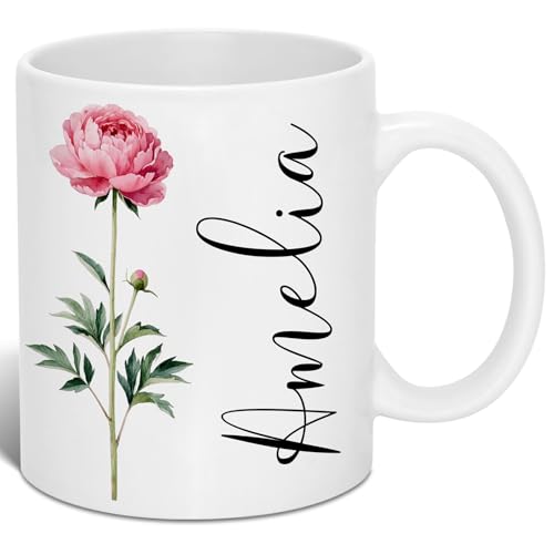 Custom Coffee Mug with Birth Flower & Name - 11oz Large Ceramic Personalized Coffee Cup for Women, Pretty Floral Tea Mugs Gift for Mom Wife Grandma Daughter Sister Coworker Best Friend Birthday