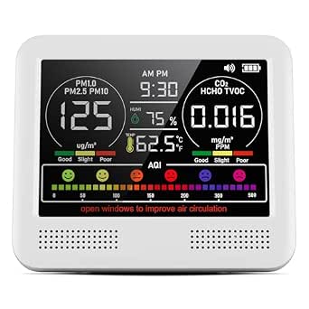 16-in-1 Indoor Air Quality Monitor with PM1.0, PM2.5, PM10, CO2, HCHO, TVOC, Temperature, Humidity, Time Display & AQI Alarms