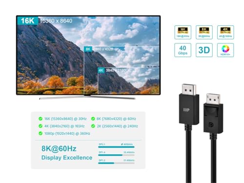 Cable DisplayPort 2.1 40Gbps Monoprice con construcción premium 8K HDR negro 5