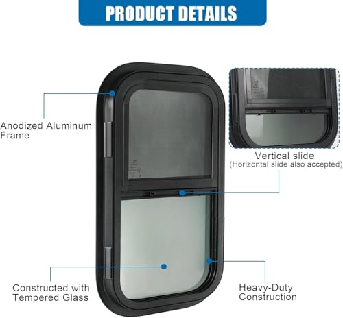 Image of 2 Pack Vertical RV Window, 15 inch W x 22 inch H Tinted Sliding RV Window with Net Screen and Trim Ring, Suitable for 1-1 /8 inch Thick Walls, DOT Approved
