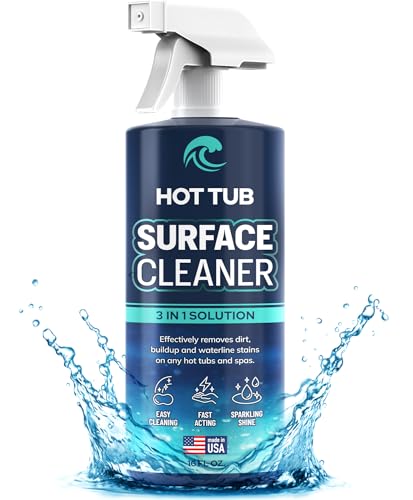 Hot Tub Surface Cleaner Fast Acting Formula Easy Spray & Wipe Use For Acrylic Vinyl Fiberglass Inflatable Swim Spa & Jet Tubs Removes Dirt Grime & Waterline Residue Made in USA 16 oz