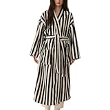 Homgro Women's Fuzzy Fleece Long Robe Striped Long Sleeve Plush Kimono Warm Winter Thick Fluffy Oversized Cozy Pockets Belted Hot Tub Bath SPA V Neck Loungewear Maxi Bathrobe Black Small