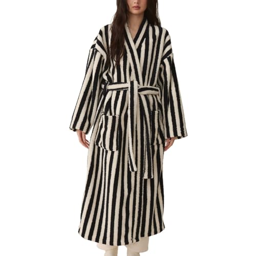 Homgro Women's Fuzzy Fleece Long Robe Striped Long Sleeve Plush