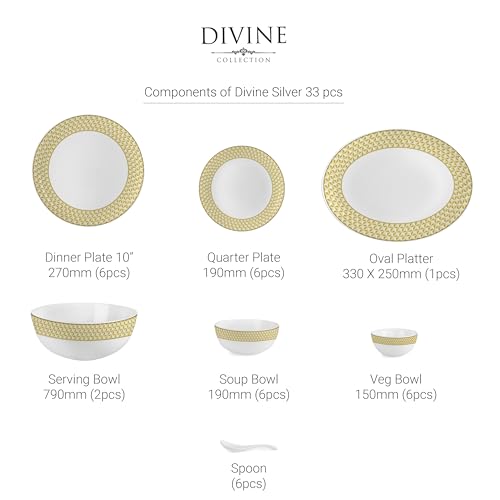 Image of Cello Opalware Divine Goldenpyramid Dinner Set, 33 Units | Microwave & Dishwasher Safe | Light-Weight & Thermal Resistant | Crockery Set for Dining & Gifting