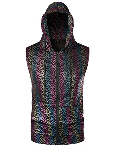 Image of ZEROYAA Mens 70s Metallic Sleeveless Hooded Vest T Shirt | Shiny, Disco, Sparkle, Party, Dance, NightClub, Halloween, Cosplay, Hipster, Kangaroo Pocket, Zip Up