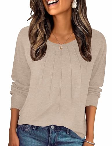 Zeagoo Fall Tops for Women Long Sleeve Shirts Casual Cotton Blouses 2025 Dressy Pleated Tunics