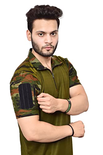 OMEE GOLD Military/Army Dark Green Neck Collared 2-Zipper Uri T-Shirt for Men