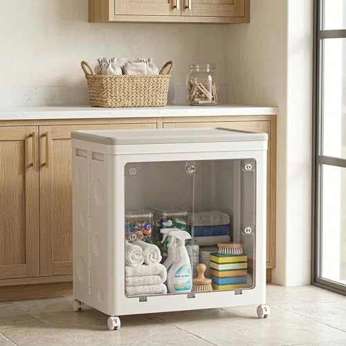 Image of The Artment Medium Origami Box Foldable Storage Organizer with Wheels, Transparent Front Panel, Space Saving PP Plastic Storage Bin for Toys, Clothes, Books, Kids Room, Home
