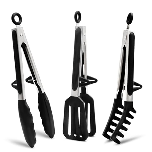 LEAZZLE 3 Piezas 26 cm Pinzas Cocina Acero Inoxidable con Puntas de Silicona, Pinzas Barbacoa, Pinzas Cocina Silicona, Utensilios Cocina para Pasta, Ensalada, Barbacoa, Fideos, Cocinas (Negro)