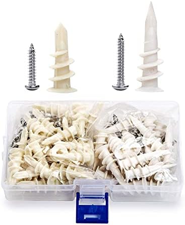 JUIDINTO Drywall Anchors with Screws Assortment Kit, Plastic Wall Anchor and Stainless Steel Screw, 2 Sizes Self Drilling Drywall Anchor with Philips Flat Head Tapping Screw Set for Decorative Hanging
