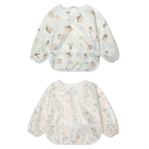 Little Dimsum 2 Piezas Baberos Bebe Impermeables Con Mangas, Niños Niñas 6 Meses a 3 Años Edad