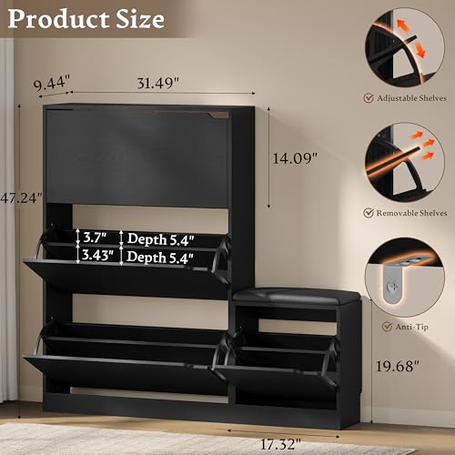 Image of BORNOON Shoe Cabinet with Bench and 3 Flip Drawers, Slim Narrow Shoe Storage Cabinet, Freestanding Shoe Rack Organizer with Adjustable & Removable Shelves, Anti-Tip for Entryway, Hallway, Foyer