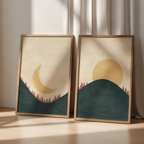 Image of Livin'luxe Set of 2 Moon and Sun Landscape Wall Art Premium MDF Wooden color Color Framed HD Sparkle Lamination Printed Minimal Mountain Painting for Living Room Bedroom Home Decor