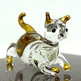 Sansukjai Cat Tiny Miniature Figurines Hand Blown Glass Art Animals Collectible Gift Home Decorate (Clear Gold Squat)