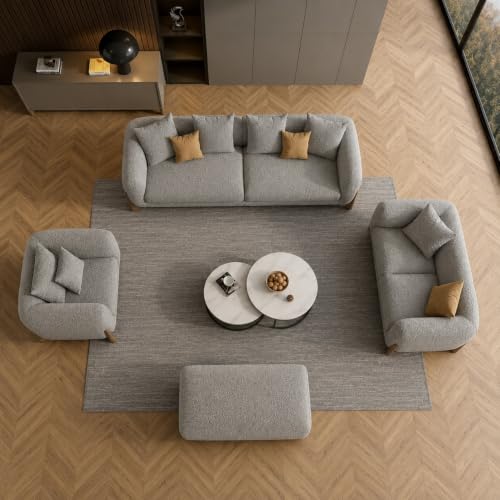 Image of Modern Sofa, Teddy Fabric, Chesterfield Style, Wooden Legs, for Living Room, Bedroom, Hallways (Light Grey 3+2+1+Ottoman)