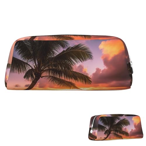 FZQVSLCM 筆箱 レザー ペンバッグ 旅行 メイクバッグ ヤシの木 夕日 ビーチ トイレタリーバッグ ポータブル コスメバッグ 小銭入れ, シルバー, One Size