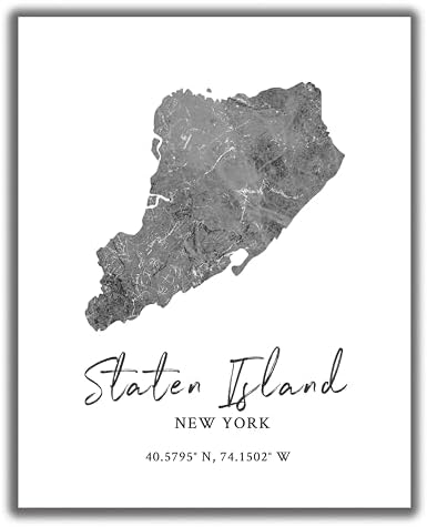 Staten Island NY Wall Art Print - 8x10 Silhouette Decor Print with Coordinates. Makes a Great New York-Themed Gift. Shades of Gray, Black & White.