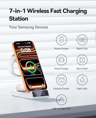 Image of 2026 Upgraded Wireless Charging Station, 7 in 1 Wireless Charger Station Foldable Charger Stand with Night Light /Alarm Clock for iPhone 17-12 Pro Max Plus, Apple Watch, AirPods Gifts for Fathers Day