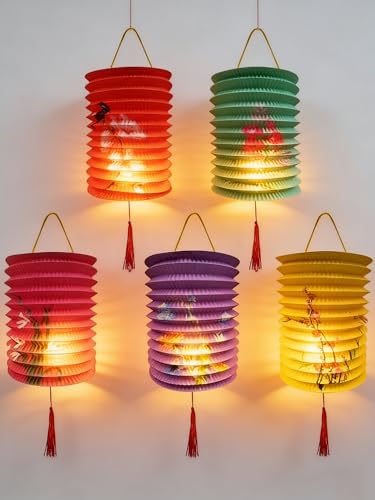 Chinese Japanese Paper Lanterns with LED Lights 5 Pack 6.3 Inch Colorful for Lunar New Year Mid-Autumn Festival Decoration Spring Festival Valentine Party Decorations