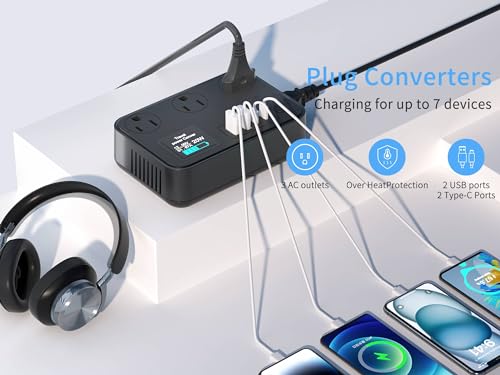 350W Converter Plug with 2 USB and 2 USB-C (20W PD) Fast Charging International Travel Converter for 220V to 110V for 100V-240V and Including US/EU/UK/India/South Africa Plugs (Black)2