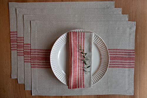 Solino Home Linen Placemats 14 x 19 Inch – Red and Natural, 100% Pure Linen Placemats for Kitchen, Dining, Dinner – Set of 4 Machine Washable Farmhouse Tablemats – Handcrafted from European Flax