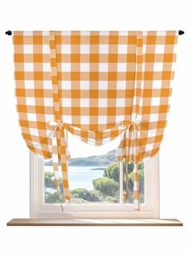 Tie Up Curtain for Windows, Halloween Orange Buffalo Plaid Balloon Rod Pocket Curtains Adjustable Tie-up Shade Valance for Kitchen, Fall Thanksgiving Day White Check Window Treatment 1 Panel 36x45in