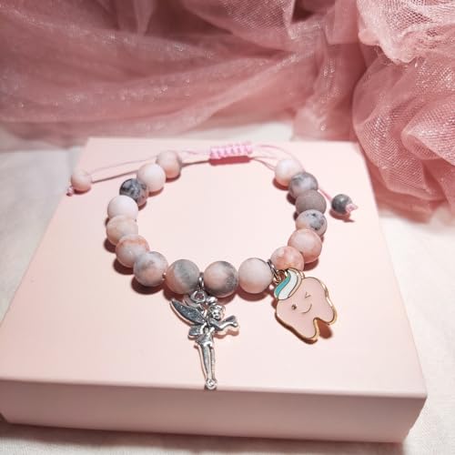Image of Tooth Fairy Bracelet Gifts - Lost First Milk Tooth Pink Stone Bracelet, Tooth Fairy Jewelry for Daughter, Granddaughter, Pink Zebra