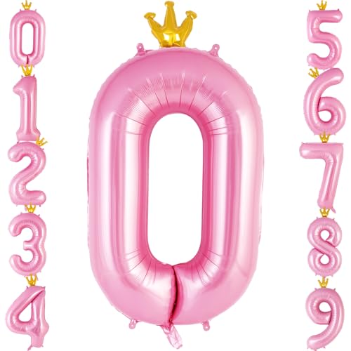 Corona - Globo rosa del número 0 de 40 pulgadas, globos grandes de aluminio con números de helio, globos gigantes de Mylar número 0 para decoraciones de fiesta de cumpleaños, suministros de