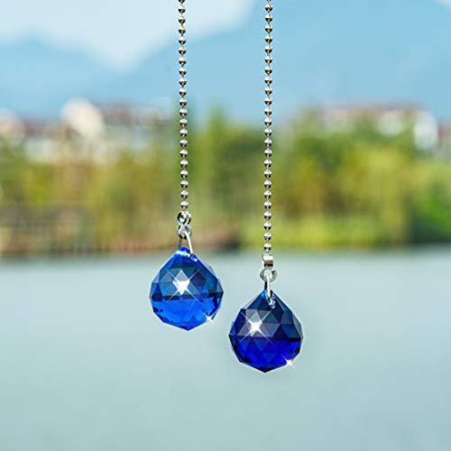 Image of Ceiling Fan Pull Chain, 2pcs 30mm Diameter Prism Ball Extension Chains with Decorative Light Bulb and Fan Cord (Blue