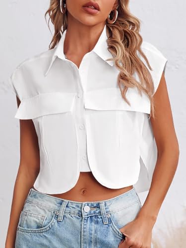 Tankaneo Womens Button Down Shirts Cute Summer Cap Sleeve Crop Tops Blouse3