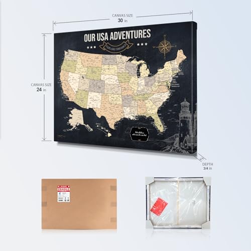 Image of IPIC - Vintage USA Travel Map, Pin Board Canvas Wall Art, Travel Map with Pins Included, Ready to Hang for Home or Office, 30x24 Inch