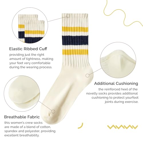 Image of Vintage Striped Crew Socks Slouchy Calf Tube Socks for Women and Men | Retro Athletic Mid-Calf Socks, Stretchy Knit Casual Comfort for Running Golf Tennis Volleyball & Daily Wear