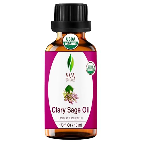 Image of SVA Clary Sage Essential Oil Organic - 1 /3 Fl Oz - 100% Natural Organic Clary Sage Oil - for Diffuser, Hair Care, Face, Skin Care, Aromatherapy, Scalp and Body Massage, Soap and Candle Making
