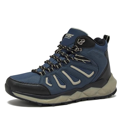 HI-TEC Valley Geo Mid Waterproof Hiking Boots for Men, Lightweight Breathable Outdoor Trekking and Trail Sneakers - Dark Navy/Black/Gray, 12 Medium