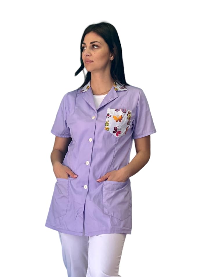 Camice da Lavoro Donna per Maestra Asilo Scuola Materna Lilla Butterfly Divisa Personalizzata con Nome per Imprese di Pulizia Alimentari Macelleria (Large)